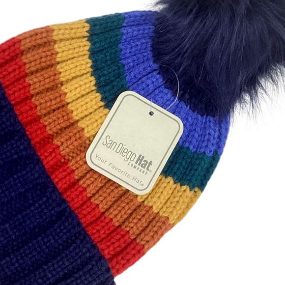 San Diego Hat Co. Knit Rainbow Stripe Beanie with Faux Fur Pom NWT (Size: OSFM) - Picture 5 of 9